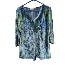 One World Paisley Green Blue Velvet Studded Top Womens Size Large Embroidered
